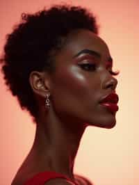 close-up of Elegant profile shot of a woman with classic Hollywood makeup, featuring bold eyebrows and red lips. set against a soft, pastel background