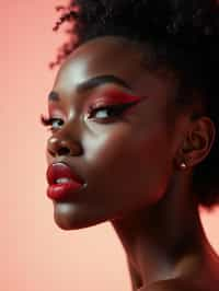 close-up of Elegant profile shot of a woman with classic Hollywood makeup, featuring bold eyebrows and red lips. set against a soft, pastel background