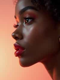 close-up of Elegant profile shot of a woman with classic Hollywood makeup, featuring bold eyebrows and red lips. set against a soft, pastel background