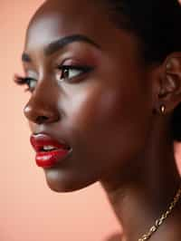 close-up of Elegant profile shot of a woman with classic Hollywood makeup, featuring bold eyebrows and red lips. set against a soft, pastel background