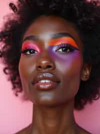 close-up of Model with an avant-garde makeup look, including graphic eyeliner shapes and vibrant cheek colors. set against a soft, pastel background