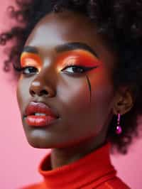 close-up of Model with an avant-garde makeup look, including graphic eyeliner shapes and vibrant cheek colors. set against a soft, pastel background