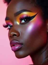 close-up of Model with an avant-garde makeup look, including graphic eyeliner shapes and vibrant cheek colors. set against a soft, pastel background