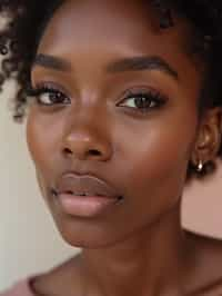 close-up of Beauty shot of woman featuring dewy skin, natural makeup look with nude lips and fluttery lashes. set against a soft, pastel background