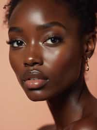 close-up of Beauty shot of woman featuring dewy skin, natural makeup look with nude lips and fluttery lashes. set against a soft, pastel background