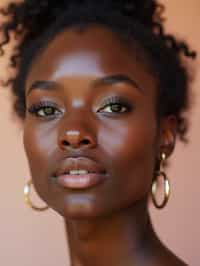 close-up of Beauty shot of woman featuring dewy skin, natural makeup look with nude lips and fluttery lashes. set against a soft, pastel background