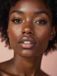 close-up of Beauty shot of woman featuring dewy skin, natural makeup look with nude lips and fluttery lashes. set against a soft, pastel background