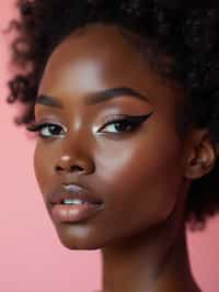 close-up of Model sporting winged eyeliner and matte skin finish. set against a soft, pastel background