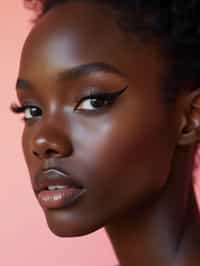 close-up of Model sporting winged eyeliner and matte skin finish. set against a soft, pastel background