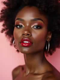 close-up of Model with a bold red lipstick and smokey eye makeup, set against a soft, pastel background