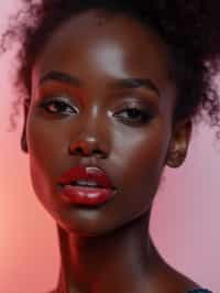 close-up of Model with a bold red lipstick and smokey eye makeup, set against a soft, pastel background