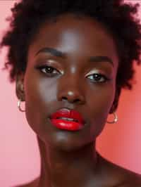 close-up of Model with a bold red lipstick and smokey eye makeup, set against a soft, pastel background