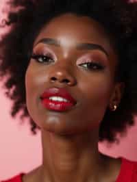 close-up of Model with a bold red lipstick and smokey eye makeup, set against a soft, pastel background