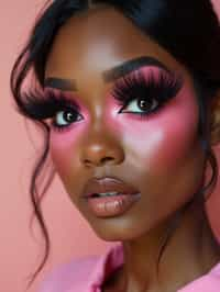 close-up of woman showcasing an Korean-style manga makeup look on woman, featuring oversized, dramatically long eyelashes that create a wide-eyed, whimsical appearance. The look is completed with bold, graphic eyeliner and a subtle blush to enhance the youthful and playful vibe. set against a soft, pastel background