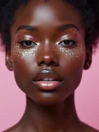 close-up of woman with glittery eye shadow and high-shine gloss, set against a soft, pastel background