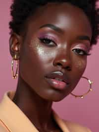 close-up of woman with glittery eye shadow and high-shine gloss, set against a soft, pastel background