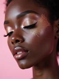 close-up of woman with glittery eye shadow and high-shine gloss, set against a soft, pastel background