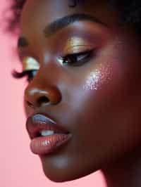 close-up of woman with glittery eye shadow and high-shine gloss, set against a soft, pastel background