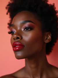 close up of woman with a bold red lipstick and smokey eye makeup. set against a soft, pastel background