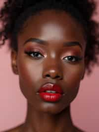 close up of woman with a bold red lipstick and smokey eye makeup. set against a soft, pastel background