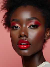 close up of woman with a bold red lipstick and smokey eye makeup. set against a soft, pastel background