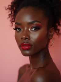 close up of woman with a bold red lipstick and smokey eye makeup. set against a soft, pastel background