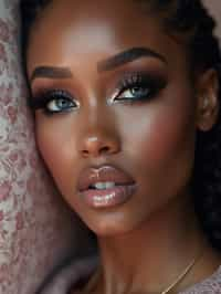 close up of woman with heavy smokey eye makeup, fake big eyelashes with lash lift.  dark black eyeshadow and thick eyeliner. contoured eyebrows. glossy reflective lipgloss. blue eye lenses. set against a soft, pastel background.