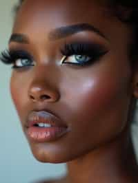 close up of woman with heavy smokey eye makeup, fake big eyelashes with lash lift.  dark black eyeshadow and thick eyeliner. contoured eyebrows. glossy reflective lipgloss. blue eye lenses. set against a soft, pastel background.