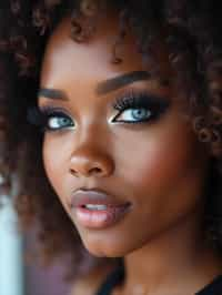 close up of woman with heavy smokey eye makeup, fake big eyelashes with lash lift.  dark black eyeshadow and thick eyeliner. contoured eyebrows. glossy reflective lipgloss. blue eye lenses. set against a soft, pastel background.