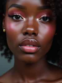 close up of woman with glossy reflective skin with blush and 3d lipgloss. soft pink eyeshadow. eyeliner.