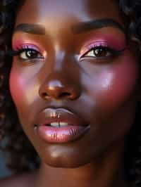 close up of woman with glossy reflective skin with blush and 3d lipgloss. soft pink eyeshadow. eyeliner.