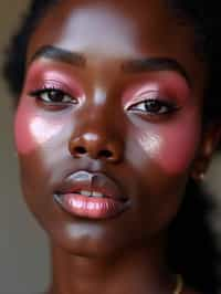 close up of woman with glossy reflective skin with blush and 3d lipgloss. soft pink eyeshadow. eyeliner.