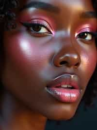 close up of woman with glossy reflective skin with blush and 3d lipgloss. soft pink eyeshadow. eyeliner.