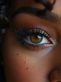 close up of woman with thick eyeliner makeup. eyeliner above eye. star eye lashes