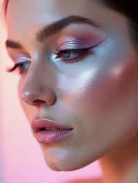 close-up of Futuristic makeup with metallic eyeshadow and sharp contouring. set against a soft, pastel background