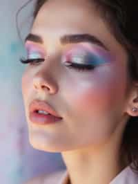 close-up of Futuristic makeup with metallic eyeshadow and sharp contouring. set against a soft, pastel background