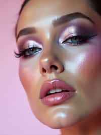 close-up of Futuristic makeup with metallic eyeshadow and sharp contouring. set against a soft, pastel background