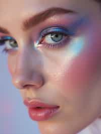 close-up of Futuristic makeup with metallic eyeshadow and sharp contouring. set against a soft, pastel background