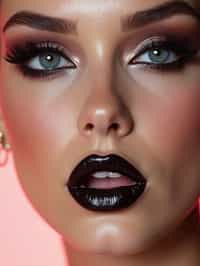 close-up of Edgy makeup look with dark, glossy lips and contoured cheeks. set against a soft, pastel background