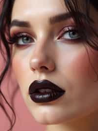 close-up of Edgy makeup look with dark, glossy lips and contoured cheeks. set against a soft, pastel background