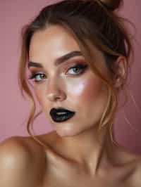 close-up of Edgy makeup look with dark, glossy lips and contoured cheeks. set against a soft, pastel background