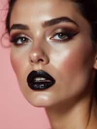 close-up of Edgy makeup look with dark, glossy lips and contoured cheeks. set against a soft, pastel background