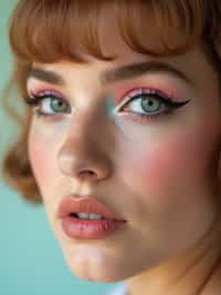 close-up of Model with a retro 60s makeup vibe, featuring thick eyeliner and pastel eyeshadow, paired with a vintage hairstyle. set against a soft, pastel background