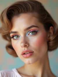 close-up of Model with a retro 60s makeup vibe, featuring thick eyeliner and pastel eyeshadow, paired with a vintage hairstyle. set against a soft, pastel background