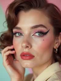 close-up of Model with a retro 60s makeup vibe, featuring thick eyeliner and pastel eyeshadow, paired with a vintage hairstyle. set against a soft, pastel background