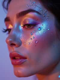 close-up of Artistic makeup with face jewels and iridescent highlighter, captured under a UV light for a glowing effect. set against a soft, pastel background