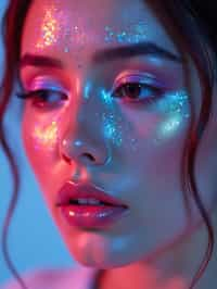 close-up of Artistic makeup with face jewels and iridescent highlighter, captured under a UV light for a glowing effect. set against a soft, pastel background