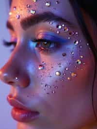 close-up of Artistic makeup with face jewels and iridescent highlighter, captured under a UV light for a glowing effect. set against a soft, pastel background