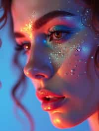 close-up of Artistic makeup with face jewels and iridescent highlighter, captured under a UV light for a glowing effect. set against a soft, pastel background