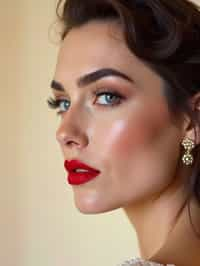 close-up of Elegant profile shot of a woman with classic Hollywood makeup, featuring bold eyebrows and red lips. set against a soft, pastel background